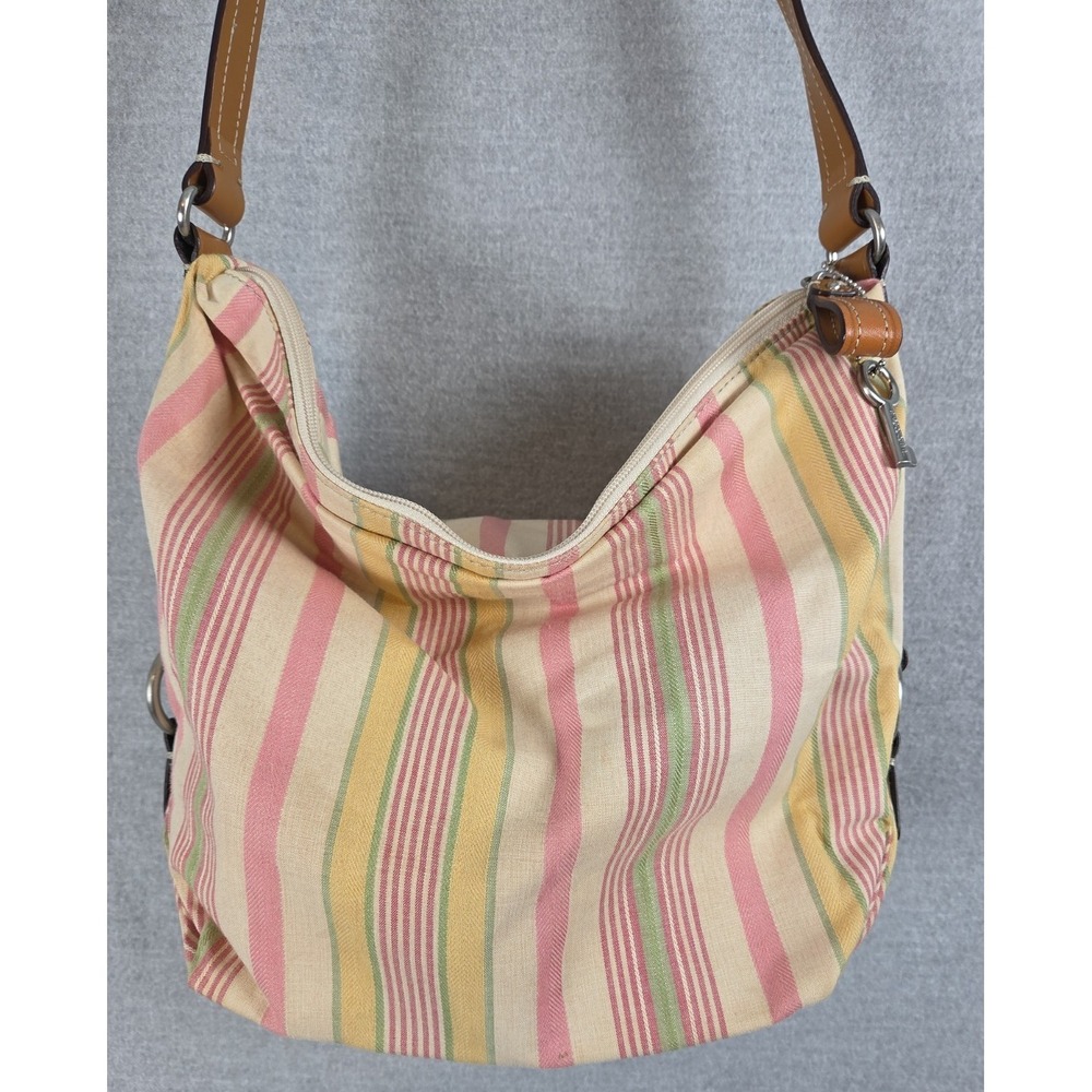 Fossil Shoulder Bag Pink Yellow Stripe Canvas and Leather Key Charm Beach Boho